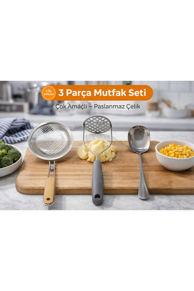 Alvin Mutfak Gereçleri 3’lü Set – Çelik Kevgir, Patates Ezici, Servis Kaşığı ...