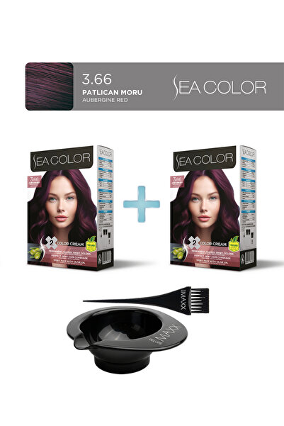 Sea Color 2'li Paket Set Saç Boyası 3.66 Patlıcan Moru, Boya Tası ve Fırça He...