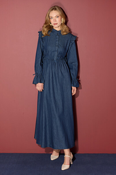 Fulla Moda Fullamodest Half-Buttoned Jean Dress with Elastic Waist and Sleeves