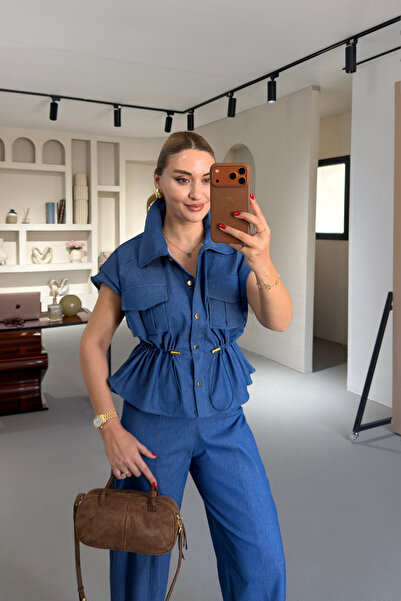 Sezgi Tekin Blue Shirt with Drawstring Waist and Pocket Detail