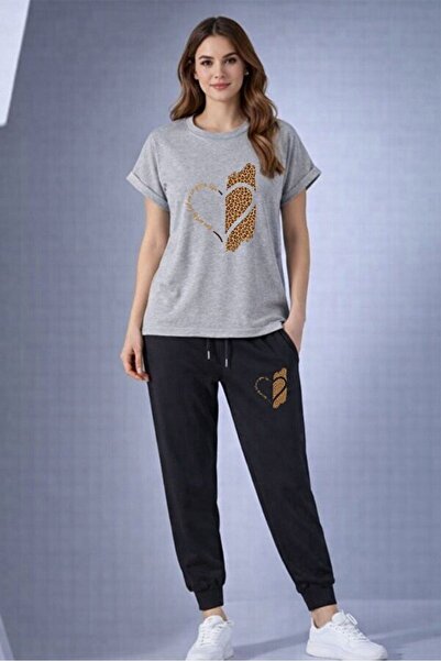 PEMBE KURDALE Leopard Heart T-Shirt and Sweatpants Set