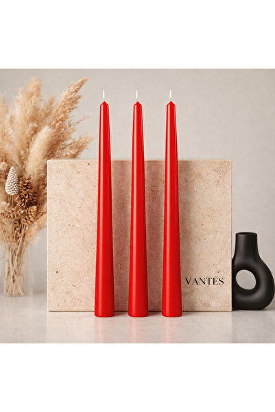 VANTES Kırmızı Şamdan Mum 3’lü Set | Uzun Yanışlı Dekoratif İnce Mum | Şık Ev...