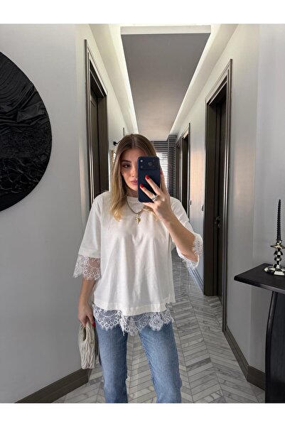 manana fashion Λευκό μπλουζάκι από 100% βαμβάκι με λεπτομέρεια από δαντέλα