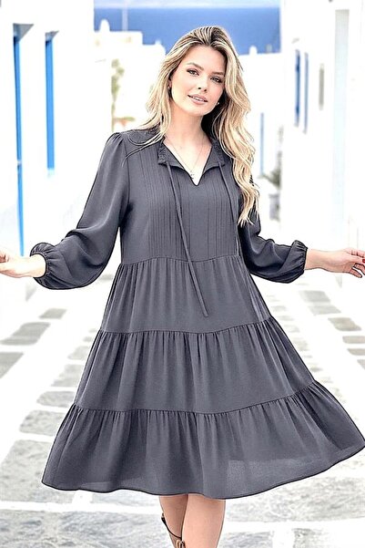 MODANI SEÇ Gray Waist and Collar Tie Knee-Length Dress
