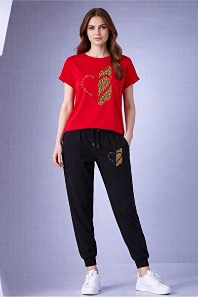 PEMBE KURDALE Leopard Heart T-Shirt and Sweatpants Set
