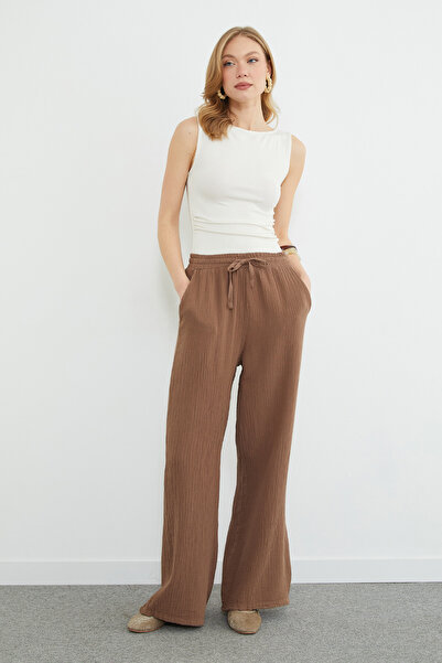 Fulla Moda Pantaloni din țesătură de muselină cu șireturi în talie și buzunare