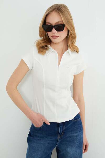 Fulla Moda Half Zip Slim Fit T-Shirt with Metal Accessories