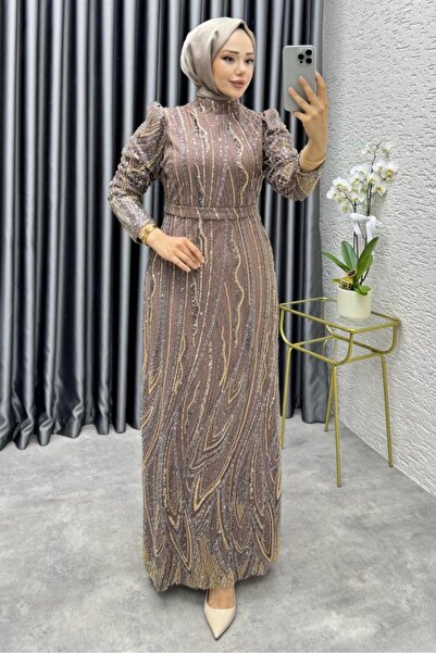 Kalemen Moda Maria Işıltılı Kalem Abiye 6644 Pudra Vizon