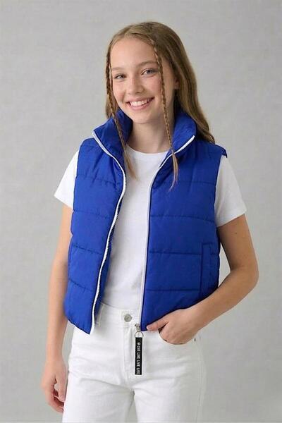 MODANI SEÇ Girl's Cobalt Blue Puffy Vest with Stone Print on the Back and Sta...