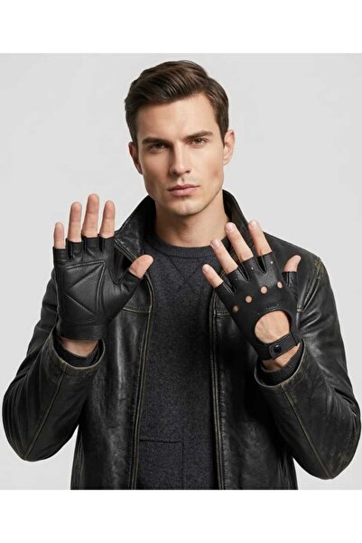Modalight Parmaksız ,Avuç İçi Takviyeli,Siyah Hakiki Deri Eldiven