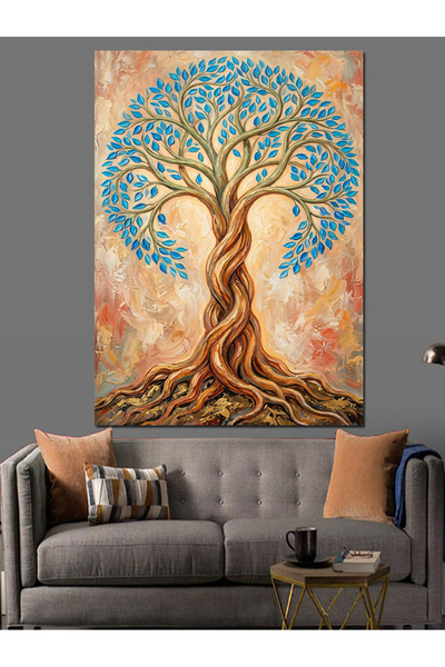 Mavi Yapraklı Hayat Ağacı Tablosu Yağlı Boya Dokulu Kanvas Tablo Canvas Tablosu