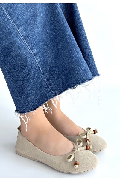 Celira Beige Leather Powder Suede Ballerina Shoes