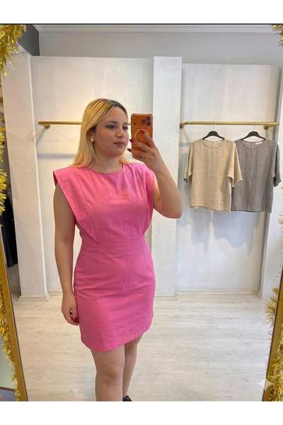 nefes butik Kadın Geniş Vatkalı Sleeveless Mini Elbise - Krem, Pembe, Beyaz R...
