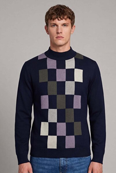 Sabri Özel Men's Navy Blue Wool Blend Basic Knit Sweater