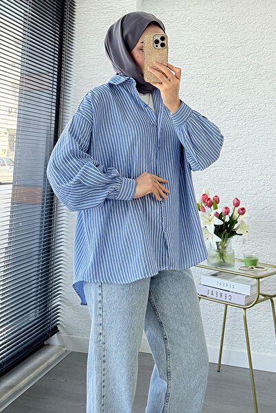MELEK ARAZ Çizgi Desen Oversize Kadın Gömlek – Lacivert
