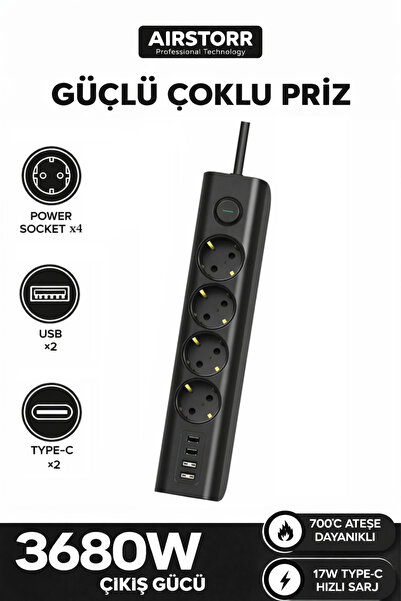 Aırstorr PS1 4’lü Priz 2 USB 2 Type-C Hızlı Şarj 3680W Anahtarlı Güvenli Priz