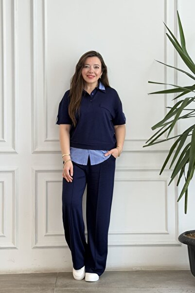 yb yağmur butik Σετ με κοντομάνικο πουκάμισο με γιακά πόλο και ριγέ λεπτομέρεια