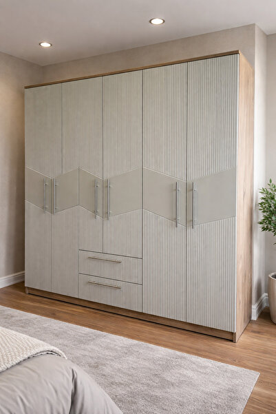 MOBİLİQUE Karbon No.5 Altı Kapaklı İki Çekmeceli 5Raflı Gardırop Çam-Vizon