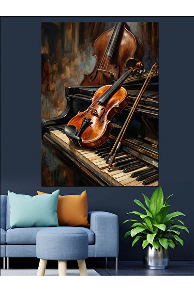 Tablo Mega Piyano Üzerinde Duran Klasik Keman Dekoratif Kanvas - Mdf Ahşap Tablo