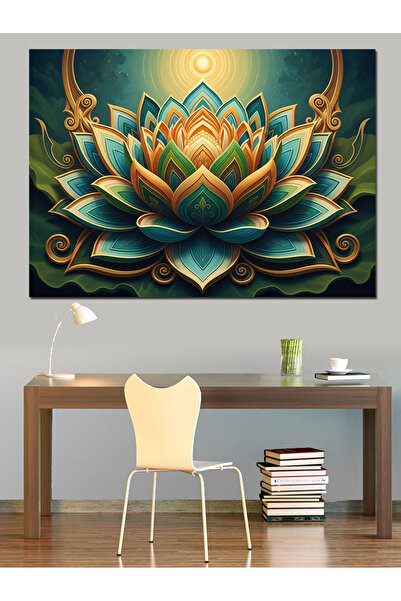 TabloPro Geometrik Turkuaz Lotus Çiçeği Mandala Yağlı Boya Dokulu Kanvas Tabl...