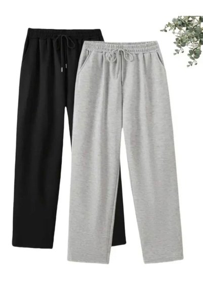 COLNY 3 Pieces Black Gray Navy Blue Flat-Leg Track Pants Wide Fit