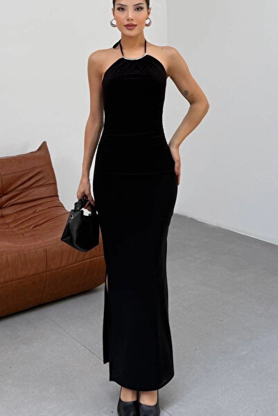 Eka Rochie lungă elastică neagră de damă cu accesorii 13956