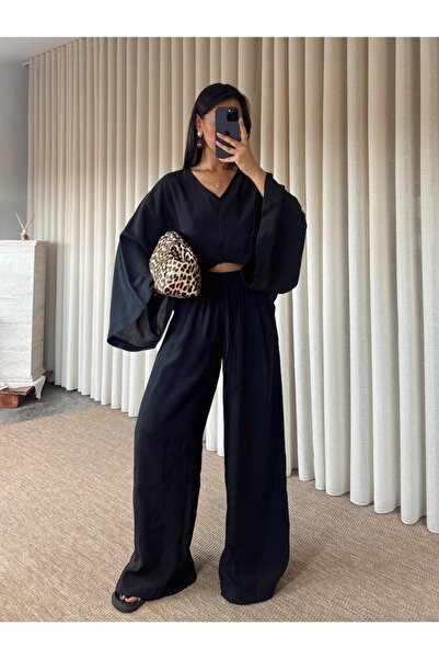 My Blog Set bluză și pantaloni negru cu decolteu în V și mâneci liliac - 40119