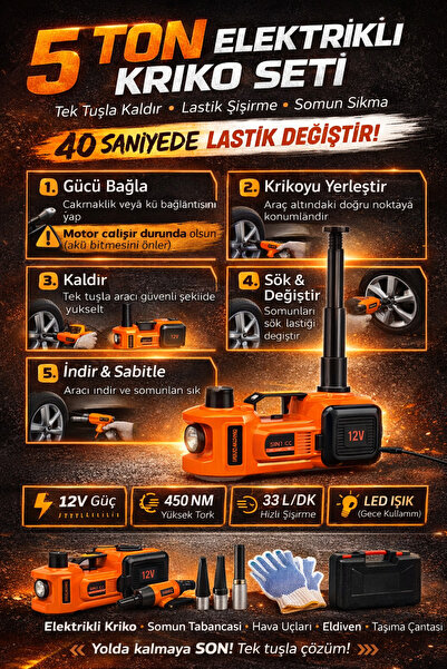 Merwish 5 Ton 4in1 Elektrikli Kriko Seti Havalı Pompa Somun Sıkma 12V Araç Krikosu