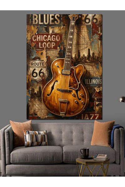 Tablo Mega Chicago Blues Yazılı Gitar Tabelası Dekoratif Kanvas - Mdf Ahşap T...