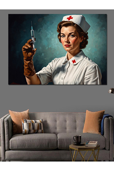 Elinde Şırınga Tutan Retro Hemşire Yağlı Boya Dokulu Kanvas Tablo Canvas Tablosu