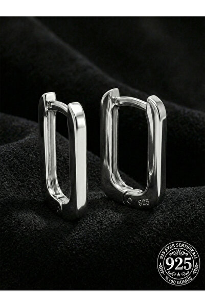 Roza Silver 925 Ayar Gümüş Rodyum Kaplama Dikdörtgen Huggie Halka Küpe - Orta...