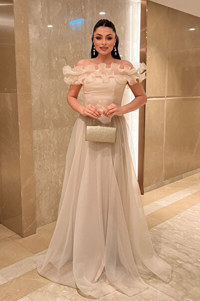 giyimmasalı Organza Chiffon Fabric Evening Dress with Flounce Detail - Beige