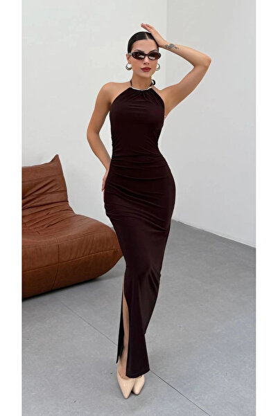 Eka Rochie lungă elastică maro pentru femei cu accesorii 13956