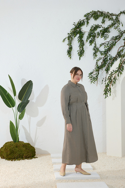 Aker Kahverengi Desenli Kuşaklı Elbise