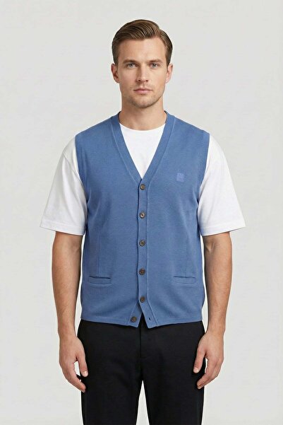 Sabri Özel Giotelli Men's Blue Standard Fit Wool Blend Buttoned Knit Sweater