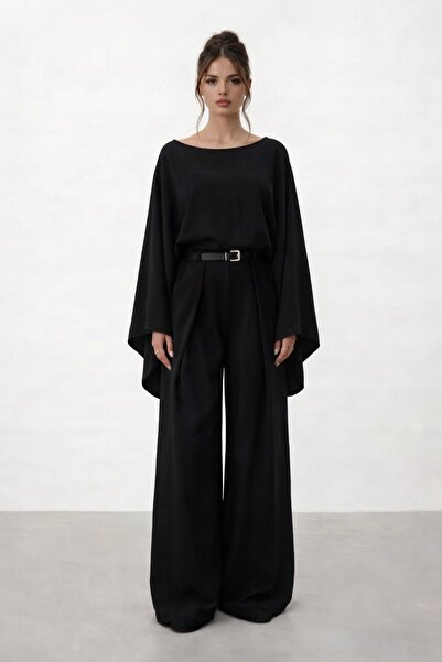 VAGGON Set cu mâneci liliac, decolteu tip crew, talie elastică și pantaloni l...