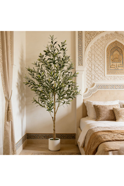 BESTONE شجرة زيتون صناعية (210 سم/7 أقدام) - جذع طبيعي، ثمار، وحوض أسود، مثال...