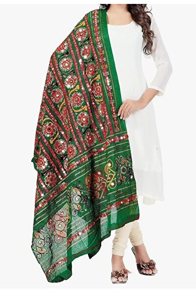 VBT Green Color Cotton Dupatta with Kutch Embroidery and Mirror Work for Navr...