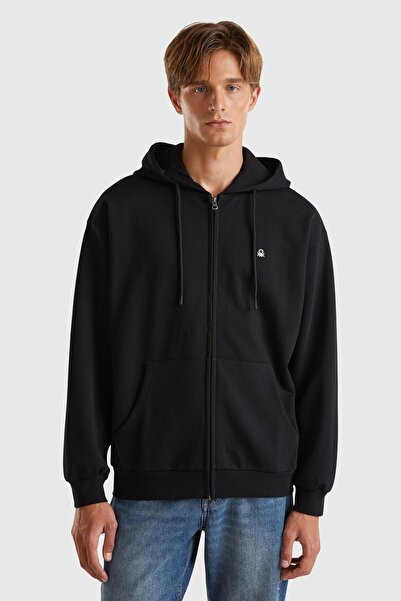 United Colors of Benetton Hanorac negru, 100% bumbac, slim fit, cu fermoar și...