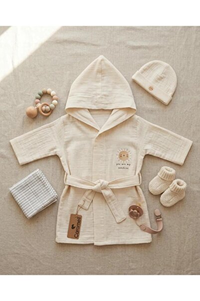 Caramel Children's Bathrobe - Unisex Beige Color - 2-Layer Natural Muslin Fabric