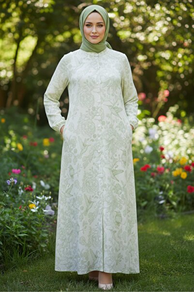 TOFİSA Λινό Φόρεμα με Σχέδια Πράσινο - 28291-YESIL