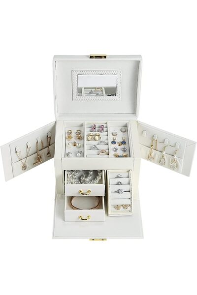 Arabest 3-Layer Jewelry Box with Mirror and Lock, Portable Organizer, White
