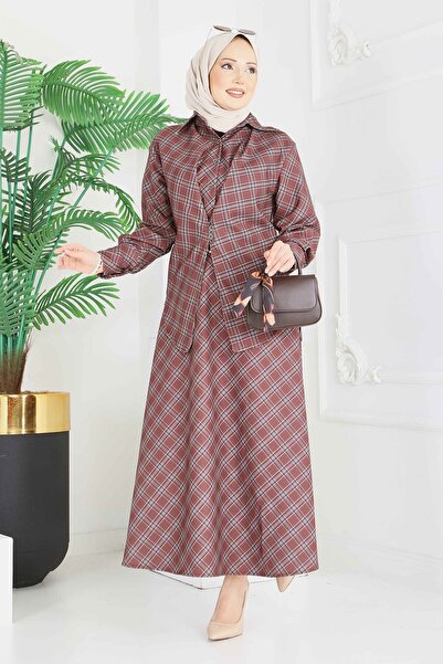 TOFİSA Καρό Σετ Φούστας Καφέ - 28286-ΚΑΦΕ