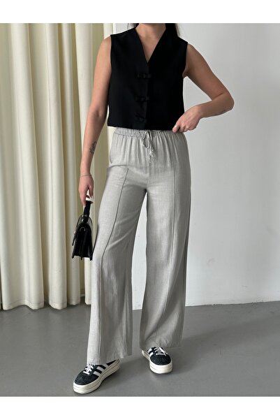 Laluvia Gray Linen Elastic Waist Comfortable Cut Summer Trousers