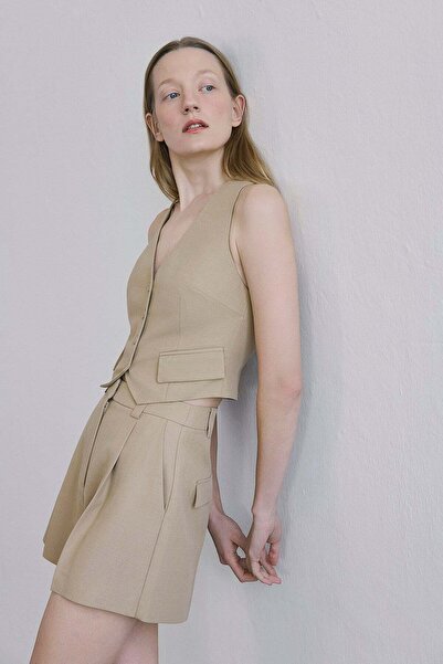 rue Keten Karışımlı Kemerli Mini Camel Şort