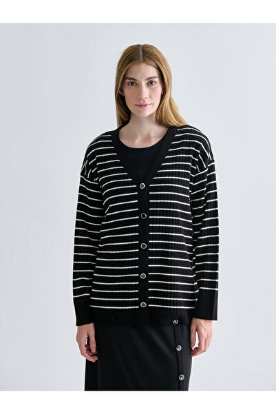 LC Waikiki V Neck Striped Women's Knitwear Cardigan