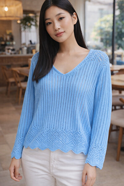 citystyle Women's Knitwear Baby Blue V-Neck Long Sleeve Knitted Patterned Lac...