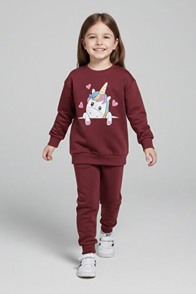 TOFİSA Κοριτσίστικο Σετ Φόρμας με Στάμπα Βουργουνδίας - 28176-BORDO