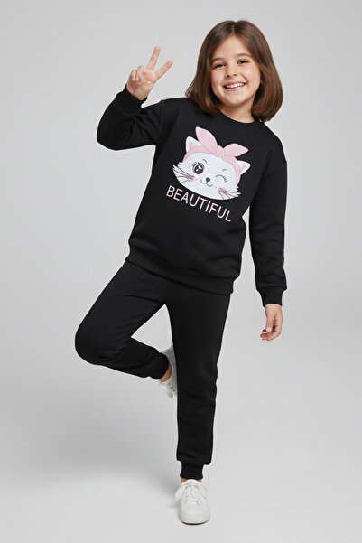 TOFİSA Κοριτσίστικο σετ φόρμας με μαύρο στάμπα - 28175-ΜΑΥΡΟ