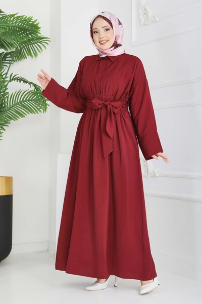 TOFİSA Waist Belted Hidden Button Dress Claret Red - 28224-Bordo
